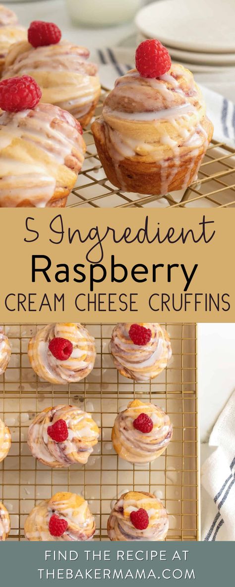 Cream cheese, sweet raspberry preserves and a simple glaze transform store-bought crescent roll dough into these dreamy 5 Ingredient Raspberry Cream Cheese Cruffins. Five ingredients is all it takes to put together these gorgeous treats. Store-bought crescent roll dough, rich cream cheese, jammy raspberry preserves, and then powdered sugar and milk for the glaze. Simple. Scrumptious. Cheese Cruffins, Raspberry Cream Cheese Muffins, Cruffin Recipe, Crescent Roll Dessert, Raspberry Cream Cheese, Raspberry Cream, Raspberry Preserves, Sweet Muffin, Raspberry Recipes