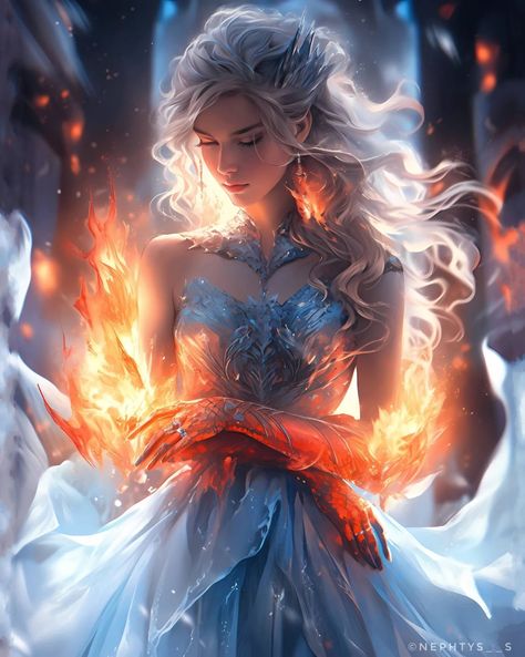 Fire And Ice Fantasy Art, Ice Magic Fantasy Art, Fantasy Fire Kingdom, Water And Fire Aesthetic, Fire And Ice Powers, Ice Kingdom Fantasy Art, Fire And Ice Drawing, Roslyn Aesthetic, Fire And Ice Aesthetic