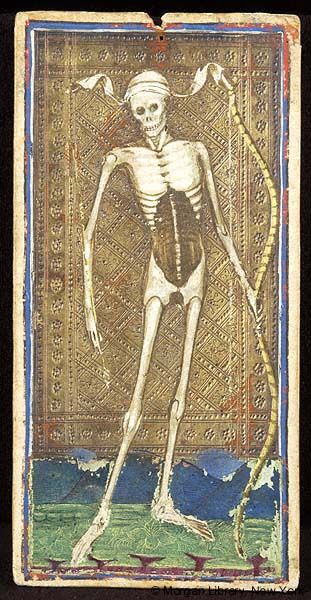 Colleoni-Baglioni tarrocchi deck fragment, M.630.12 - Images from Medieval and Renaissance Manuscripts - The Morgan Library & Museum Strange History, Tarot Cards Art, A Skeleton, Tarot Art, Major Arcana, Tarot Readers, Medieval Art, Illuminated Manuscript, Bergamo