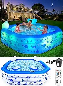 StarOcean Inflatable Pool with Lights,2024 Solar Inflatable Swimming Pool for Kids,Adults,Blow up Pool with Remote Control,Pump,Large Kiddie Pool with Seat&Backrest,Kids Pool for Backyard-85"x85"x25" Pool With Lights, Family Inflatable Pool, Blow Up Pool, Solar Pool, Kiddie Pool, Summer Fun List, Kid Pool, Small Pool, Backyard For Kids