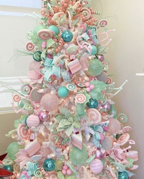 Pastel Christmas Candyland, Sweet Theme Christmas Tree, Pink And Mint Christmas Decor, Land Of Sweets Christmas Tree, Pastel Candy Land Christmas, Pastel Candyland Christmas Decor, Pink And Teal Christmas Decor, Pink Candy Cane Christmas Tree, Pink And Mint Christmas Tree