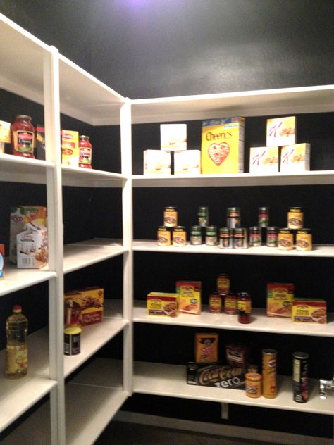 I'm painting the inside of my pantry black, or any other color!  This is so cool!  Add a classy chandelier and it makes your pantry fancy :) Pantry With Black Walls, Black Pantry Walls, Pantry Black Shelves, Painting Pantry Interior, Black Pantry Shelves, Paint Pantry Interior, Painted Pantry Interior, Painting Pantry, Black Beadboard