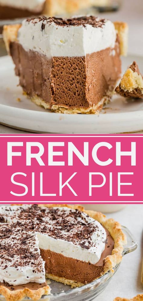 French Silk Pie! This creamy French silk pie starts with my favorite pie crust, is loaded with a smooth, mousse-like chocolate filling and topped with fresh whipped cream. The best part? No raw eggs! Add chocolate curls for a special touch and serve to your most favorite people. #browneyedbaker #pie #chocolatepie French Silk Pie Recipe, Silk Pie Recipe, Chocolate Silk Pie, French Silk Pie, Silk Chocolate, Favorite Pie Recipes, Raw Eggs, Silk Pie, Cake Pie