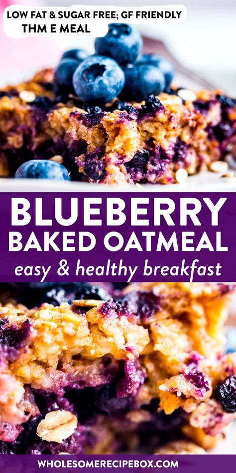 Whip up this healthy Blueberry Oatmeal Bake for a breakfast the whole family will enjoy! You can prep ahead the night before – so easy and convenient! Serve it with Greek yogurt for an extra filling and protein-rich meal. This recipe is Trim Healthy Mama friendly (THM E), low fat and gluten free (if using certified gf ingredients!). | #recipe #easyrecipes #trimhealthymama #thm #thme #lowfat #healthy #breakfast #backtoschool #healthyfood #healthyrecipes #cleaneating #ww #glutenfree Healthy Breakfast Baking, Blueberry Baked Oatmeal, Blueberry Oatmeal Bake, Easy And Healthy Breakfast, Menu Sarapan Sehat, Blueberry Syrup, Baked Oatmeal Recipes, Blueberry Oatmeal, Healthy Blueberry