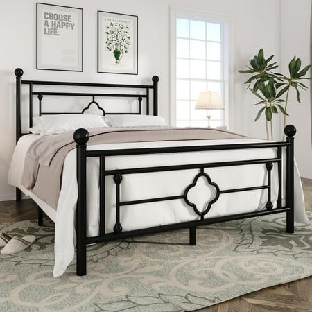 We all dream of having a home of our own, decorating it with our favorite and most comfortable furniture - Einfach Furniture The Einfach metal bed is simple in design, and the black/white overall is suitable for bold colors and finishes, which will blend into any style of the room and brighten up the bedroom. This bed is equipped with a headboard, footboard, durable metal slats, side rails, and legs, sturdy construction provides sufficient support and comfort for the body and mattress. An extra Bedroom Ideas Iron Bedframe, Metal Bed Design Modern, Black Iron Bed Decor, Iron Bed Frame Bedroom, Iron Bed Design, Metal Bed Frame Bedroom Ideas, Headboard Pattern, Iron Bed Frames, Pattern Headboard