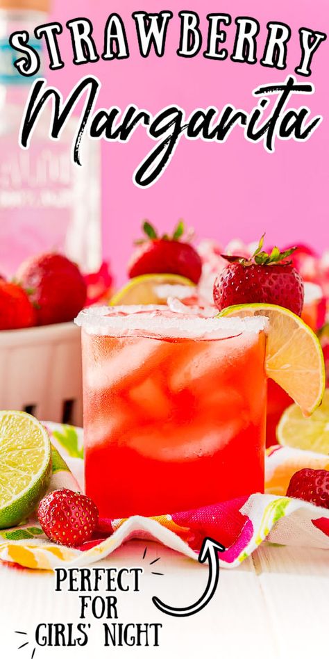 Strawberry Margaritas are fruity, fresh, and perfect for summer! Made with tequila, orange liqueur, fresh lime juice, and homemade strawberry simple syrup. This cocktail can be sipped on the rocks or frozen. via @sugarandsoulco Fancy Margaritas, Simple Syrup Margarita Recipe, Strawberry Margarita Recipe Pitcher, Easy Strawberry Margarita Recipe, Strawberry Margarita Recipe On The Rocks, Strawberry Margarita On The Rocks, Margarita Recipes On The Rocks, Galentines Cocktails, Pitcher Margarita Recipe