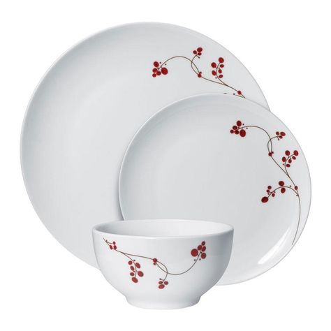 Red Berries 12 Piece Dinnerware Set, Service for 4 Mikasa Dinnerware, Red Dinnerware, Christmas Berries, Casual Dinnerware, White Dinnerware, White Wine Glasses, Silver Bowl, Dinner Service, Soup Mugs