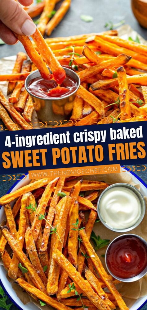 Are you craving fast food? Try this healthy alternative instead! 4 ingredients are all you need for this simple plant-based recipe. Super crispy and perfectly seasoned, these Baked Sweet Potato fries… More Sweet Potato Fries Seasoning, Easy Sweet Potato Fries, Homemade Sweet Potato Fries, Baked Sweet Potato Fries, Novice Chef, Crispy Sweet Potato Fries, Sweet Potato Recipes Fries, Sweet Potato Fries Baked, Crispy Sweet Potato