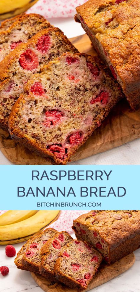 Raspberry Banana Bread - Easy quick bread recipe full of mashed bananas and fresh raspberries. This sweet bread is perfect for breakfast or a snack. #bananabread #raspberrybananabread #raspberrybread #brunch #breakfast #bitchinbrunch Raspberry Banana Bread, Homemade Banana Bread Easy, Homemade Banana Bread Recipe, Deserts Recipes, Easy Quick Bread, Raspberry Bread, Raspberry Banana, Gluten Free Banana Muffins, Quick Bread Recipes Easy