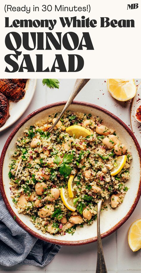 Easy, nourishing white bean quinoa salad with fresh parsley, garlic, lemon, and a subtle kick from red pepper flakes. Just 10 ingredients, 1 bowl, and 30 minutes required for this fiber-packed, plant-based side! Bean Quinoa Salad, Bean Quinoa, White Bean Recipes, Grilled Romaine, White Bean Salad, Minimalist Baker, Spring Vegetables, Vegan Salad, White Bean