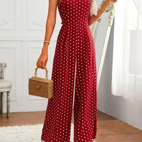 Tie backless polka dot cami jumpsuit. Size: XS S M L. Dm for more info... Check more at PrettyTikTok.com Cami Jumpsuit, Polka Dot, Polka Dots, Jumpsuit, Dots, Clothes