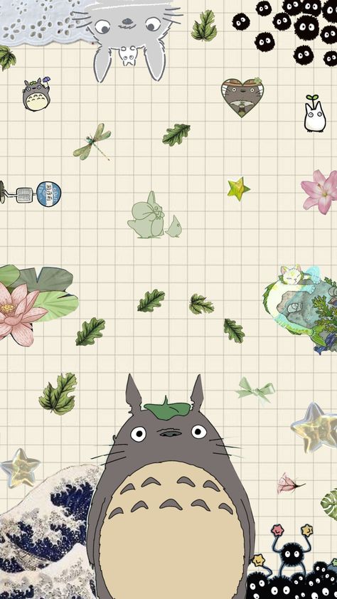 Studio Ghibli Art Totoro, Totoro Instagram Highlight, Hayao Miyazaki Wallpaper, Ipad Wallpaper Studio Ghibli, My Friend Totoro, Ghibli Collage, Totoro Aesthetic, Phone Collage, Totoro Wallpaper