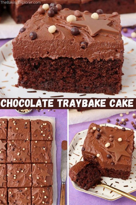 Chocolate Cake Tray Bake, No Bake Traybake Recipes, Easy Chocolate Sheet Cake Recipe, Easy Chocolate Sheet Cake, Sjokolade Koek, Chocolate Traybake, Traybake Cake, Chocolate Sheet Cake Recipe, Bake Ideas