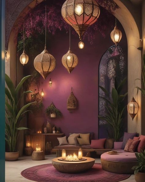 Purple And Terracotta Decor, Lavender Decor Home, Purple And Brown Living Room, Plum Living Room Ideas, Jewel Tone Interior Design, Purple House Interior Ideas, Mediterranean Bohemian, Mediterranean Home Interior Design, Purple Living Room Ideas