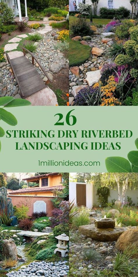 When it comes to the garden, growing plants is not all. Ever thought of renovating your garden? There are many designs that make the look of the garden more attractive. If you are on the track to finding your own inspiration, the post today is for you. Maybe a dry creek bed or dried upstream is what you looking for. Dry River Bed Garden Ideas, Riverbed Landscaping, Dry Riverbed Landscaping, Rain Garden Design, River Rock Garden, Tattoo Plant, Dry Creek Bed, Dry River, River Rock Landscaping