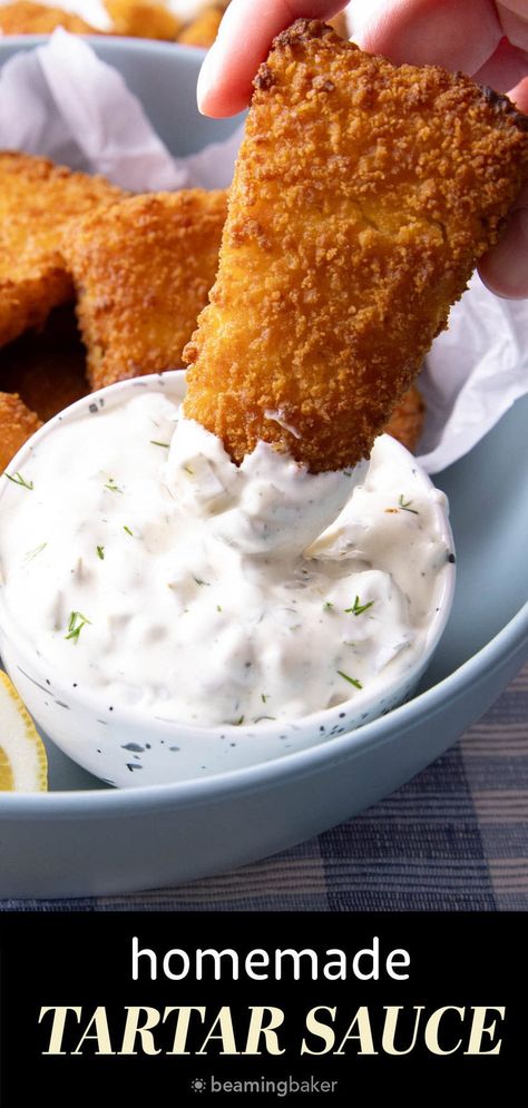 This thick ‘n creamy tartar sauce recipe is made with plenty of tart pickles and fresh dill with a twist of lemon and just a touch of sugar. Just 5 minutes and a handful of ingredients for the easiest homemade tartar sauce! | Recipe at BeamingBaker.com Tarter Sauce With Dill, Tartar Sauce Recipe Easy, Dill Tartar Sauce Recipe, Cajun Tartar Sauce Recipe, Homemade Tartar Sauce Easy, Tatar Sauce, Best Tartar Sauce Recipe, Easy Tartar Sauce, Beaming Baker