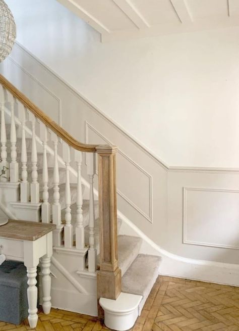 Under Stairs Panelling, Staircase Paneling Ideas, Stairway Paneling, Panelled Staircase, Moody Hallway, Stair Panelling, Hallway Stairs And Landing, Stairs And Hallway Ideas, Hallway Panelling