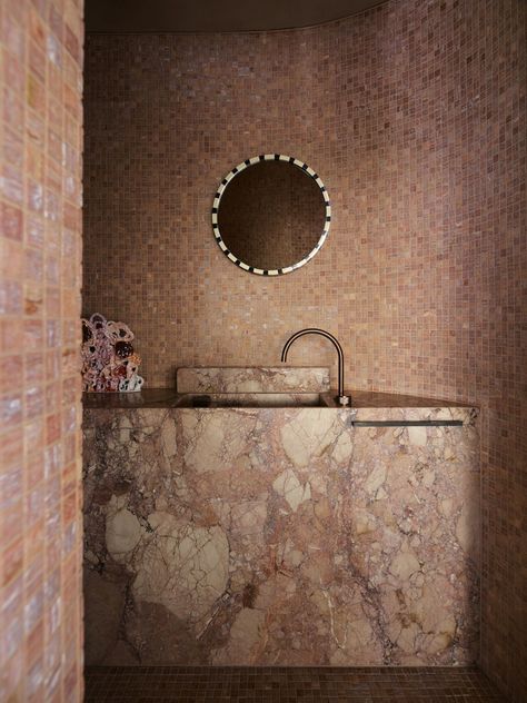 Kitchen Island Bench, Crazy Paving, Polished Plaster, Opulent Interiors, Glass Brick, Melbourne House, Zellige Tile, Vogue Living, Storey Homes