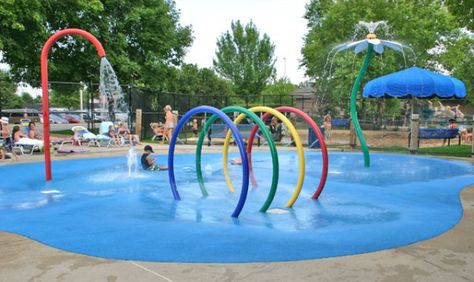 Splash pad. It would be fun to have splash pad on the property somewhere as well. Maybe a with a bit more "natural" looking items so that it's pretty too look at and fun for all ages. Neighborhood Playground, Spray Park, Playground Areas, Water Playground, Splash Park, Deer Creek, Splash Pool, Splash Pad, Kid Pool