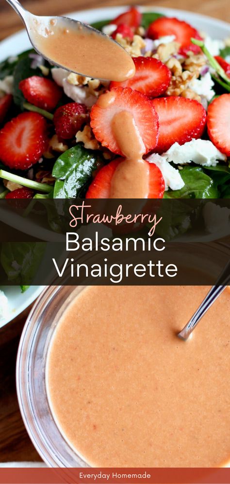 Try this easy homemade Strawberry Balsamic Vinaigrette Dressing for a simple twist on balsamic vinaigrette! Made with olive oil, balsamic vinegar, and fresh strawberries, it's perfect for your spinach salad. Enjoy the taste of spring and summer with this creamy, healthy recipe. Balsamic Vinaigrette Dressing Recipe, Strawberry Salad Dressing, Vinaigrette Recipes Easy, Balsamic Vinegarette, Salad Sides, Vinaigrette Dressing Recipe, Balsamic Vinaigrette Recipe, Strawberry Vinaigrette, Balsamic Vinaigrette Dressing