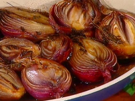 Roasted Red Onions with Butter, Honey, and Balsamic Vinegar Recipe | Tyler Florence | Food Network Balsamic Vinegar Recipes, Florence Food, Red Onion Recipes, Balsamic Onions, Roasted Onions, Butter Honey, Onion Recipes, Red Onions, Think Food