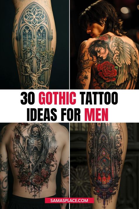 Gothic tattoo ideas for men with dark symbols like skulls, ravens, and medieval themes. Mexican Gothic Tattoo, Gothic Men Tattoo, Tattoo Ideas For Men Dark, Gothic House Tattoo, Gothic Animal Tattoo, Witch Sleeve Tattoo, Good And Evil Tattoo For Men, Dark Image Tattoo, Gothic Tattoos Men