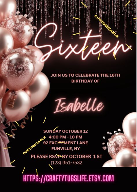 Celebrate your Sweet 16 in style with our customizable party invitations! Whether you're planning a dazzling soirée or a low-key gathering, our Sweet 16 invitation templates have you covered. These versatile designs can be tailored for any age, ensuring that your special day is commemorated in a way that suits your unique personality, with the power to add your own details, date, age, and location, giving you the freedom to get as creative as you want. You can easily edit them using Canva, Birthday Day Invitation Card, Gold Sweet 16, Sweet 16 Party Invitations, Glamour Party, 16th Birthday Invitations, Email Invitation, Sweet Sixteen Parties, Sweet 16 Invitations, Sweet 16 Parties