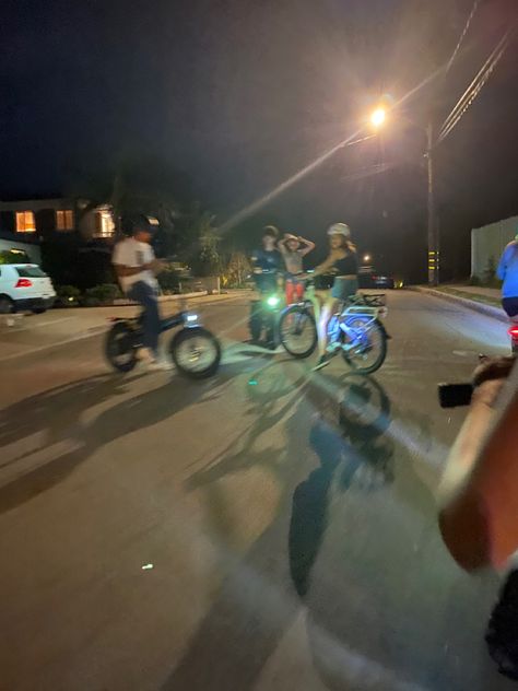 Biking With Friends, Riding Bike Aesthetic, Riding Bikes At Night Aesthetic, Late Night Bike Rides With Friends, Bike Ride At Night Aesthetic, Friends Riding Bikes, Late Night Bike Ride Aesthetic, Biking At Night, Evelyn Core