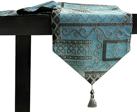 Artbisons Table Runner 60x13 Cotton Linen Kitchen Dining Table Topper Blue Abstract Room Dresser Decor, Silver Table Runner, Teal Table Runner, Dining Room Dresser, Teal Table, Room Dresser, Golden Table, Coffee Table Runner, Teal And Silver