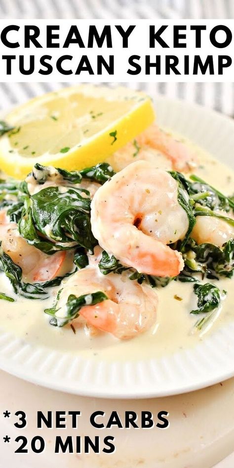 Creamy Keto Tuscan Shrimp - Delicious keto tuscan shrimp with spinach and a creamy garlic sauce. Ready in just 20 minutes and only 3 net carbs per serving! Easy dinner idea the whole family will love! #keto #Ketodiet #Ketorecipes #Ketotuscanshrimp #ketosauce #tuscanshrimp #dinner #skilletrecipes #healthyrecipes #food #recipes Keto Tuscan Shrimp And Spinach, Keto Shrimp And Spinach Recipes, Keto Creamy Tuscan Shrimp, Keto Shrimp Scampi Recipes, Keto Prawn Dinner Recipes, Keto Dinner Recipes Shrimp, Spinach And Shrimp Recipes, Keto Tuscan Shrimp, Shrimp Scampi Recipe Healthy