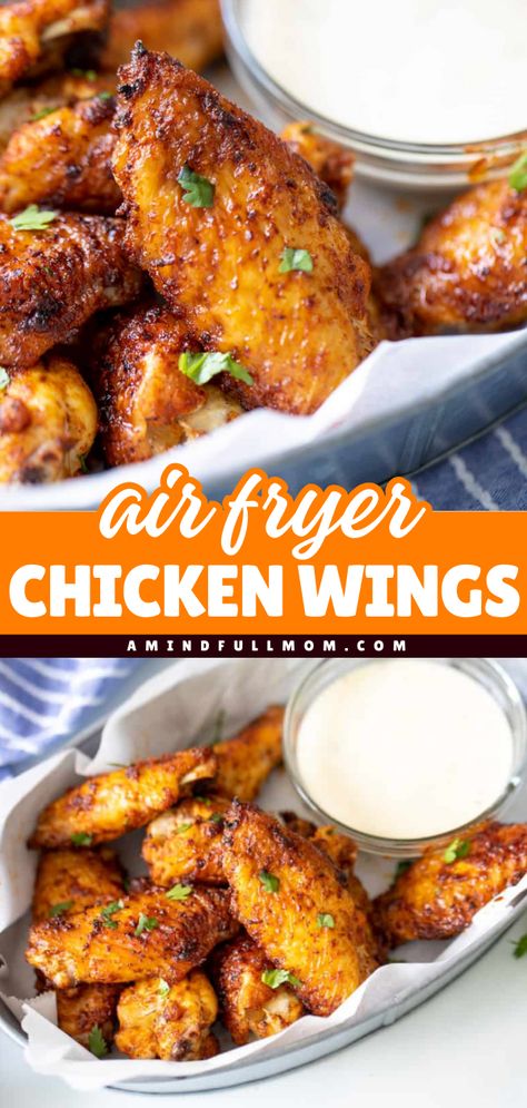 Here's an easy Gameday food idea for you! These Air Fryer Chicken Wings are juicy, tender, and delicious! This deep-fried chicken wing recipe also makes a great addition to your best Superbowl recipes for the family. Save this pin! Chicken Wing Sauce, Buffalo Chicken Wing, Wings Crispy, Air Fryer Wings, Chicken Wing Sauces, Crispy Chicken Wings, Air Fryer Chicken Wings, Air Fried Chicken, Fried Chicken Wings