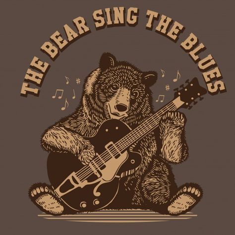 Poster Guitar, Cowboy Wall Art, Guitar Illustration, Birthday Painting, Guitar Posters, Adventure Logo, Music Cartoon, Bear Art, The Blues