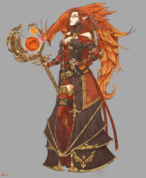 Familiar Dnd Art, Dnd Sorcerer Character Art, Eladrin Character Design, Fire Characters Design, Pyromancer Character Design, Sorcerer Dnd Character Design, Tactical Wizard, Phoenix Sorcerer Dnd, Scholar Character Design