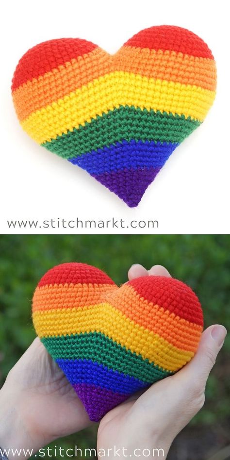 Fun Crochet Rainbows. This lovely pattern is a paid step by step tutorial on how to crochet this amazing, rainbow heart. I love how fun and positive it looks like, it's exactly what we need right now - a lot of good vibes! In conclusion, it's a wonderful decoration and a gift idea!  #crochetpattern #rainbow #decor Crochet Rainbow Heart Free Pattern, Crochet With Rainbow Yarn, Rainbow Amigurumi Free Pattern, Free Pride Crochet Patterns, Rainbow Friends Crochet Pattern Free, Crochet Rainbow Pillow Free Pattern, Pride Amigurumi, Crochet Rainbow Pattern Free, Crochet Pride Patterns