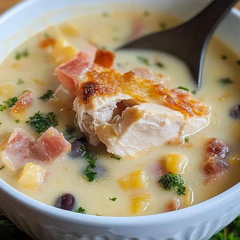 Savor the flavors of Chicken Cordon Bleu in a comforting soup! Creamy, cheesy, and full of chicken and ham goodness. Ready in 40 minutes. Chicken Cordon Bleu Soup Recipe, Chicken Cordon Bleu Soup, Cordon Bleu Soup, Soup Recipe Easy, Soup Creamy, Comforting Soup, Chicken Cordon, Chicken Cordon Bleu, Chowder Recipes