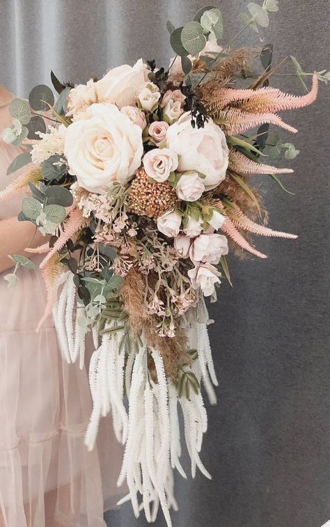 Mauve Cascade Bouquet, Dusty Rose Pampas Bouquet, Wedding Flowers Boho Bridal Bouquets, Cascading Dried Flower Bouquet, Cascading Bridal Bouquets Eucalyptus, Earthy Bridal Bouquet, Dusty Rose Wedding Flowers, Dusty Rose Bridal Bouquet, Bridal Bouquet Cascade