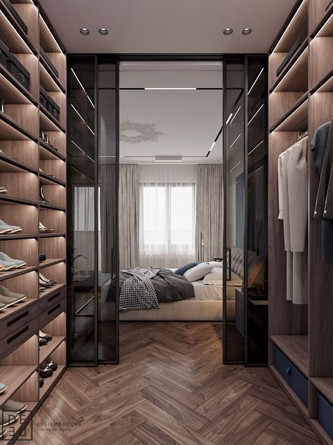 Walk In Wardrobe Glass Doors, Bedroom Arch, Modern Walk In Closet, Modern Luxury Bedroom Design, A Walk In Closet, Luxury Flat, Glamourous Bedroom, Dream Closet Design, Walk In Closet Design