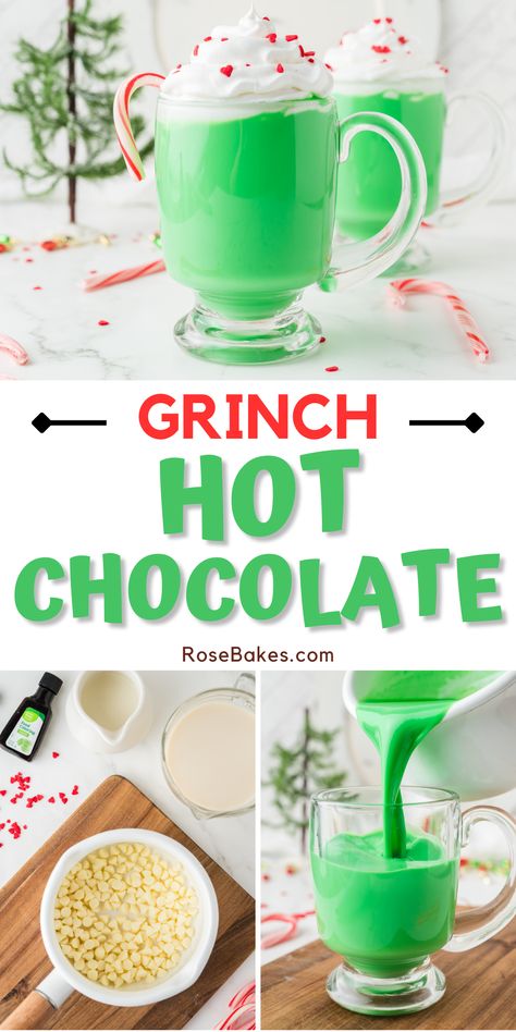 grinch hot chocolate in a clear glass mug, white chocolate melting in a pot, pouring green hot chocolate into a mug Grinch Hot Chocolate Recipe, Grinch Christmas Movie Night, Grinch Hot Chocolate Slow Cooker, Grinchmas Brunch, Grinch Hot Chocolate Bar, Grinch Hot Cocoa Bar, Hot Grinch, Grinch Cocoa, Grinch Hot Cocoa