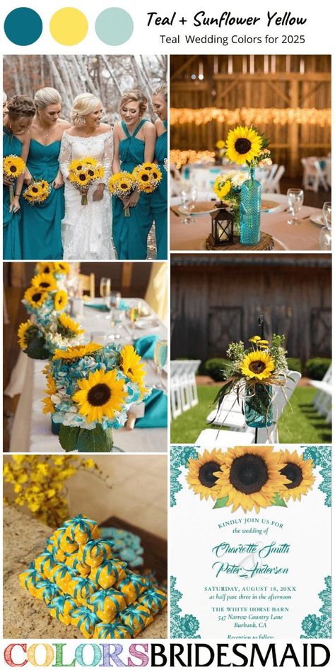 Teal and sunflower yellow for teal wedding colors for 2025, teal bridesmaid dresses, white bridal gown, sunflower bouquets, centerpieces and wedding aisle chair decorations of sunflower in teal vases, teal wedding napkins, sunflower yellow wedding favors with teal ribbons, wedding invites with teal letters and sunflower printing. #weddingcolors #weddingideas #tealweddings #colsbm #2025 #bridesmaiddresses #yellowweddding #sunflowerwedding #tealandyellowsunflower Teal Wedding Colors Schemes, Wedding Aisle Chair Decorations, Yellow Wedding Favors, Teal Wedding Bouquet, March Wedding Colors, April Wedding Colors, Teal Wedding Theme, Fall Sunflower Weddings, Top Wedding Colors