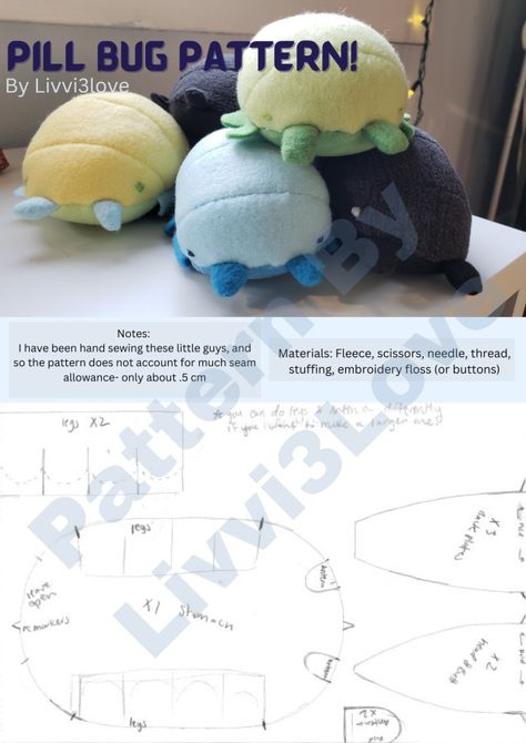 I saw pill bugs on here a few weeks ago and really wanted to make my own! The pattern is a bit rough but I hope it works (I... Mole Plush Pattern, Halloween Plush Pattern, Beetle Plush Pattern, Bug Plush Pattern, Bug Sewing Pattern, Plushie Patterns Free Templates, Pill Bugs, Moth Man, Diy Plush Toys