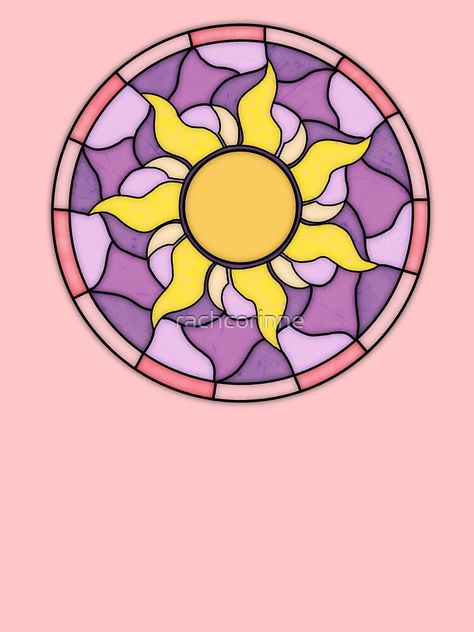 "Tangled Sun Stained Glass" T-shirt by rachcorinne | Redbubble Rapunzel Stained Glass Art, Repunzal Sun Drawing, Tangled Inspired Room Decor, Tangled Stained Glass Art, Beauty And The Beast Stained Glass Art, Sun Tangled, Rapunzel Sun Painting, Sun From Tangled, Tangled Pattern