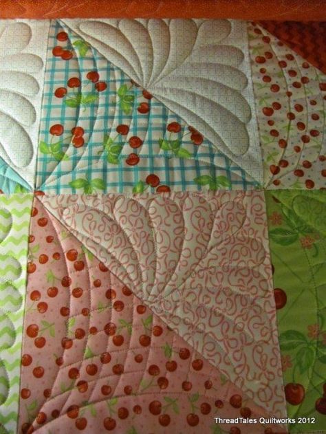 Great machine quilting idea for half square triangles. by beth Fmq Designs, Quilting Stitches, Patchwork Ideas, Free Motion Designs, Free Motion Quilting Patterns, Machine Quilting Patterns, Freemotion Quilting, Bernina Sewing, Longarm Quilting Designs