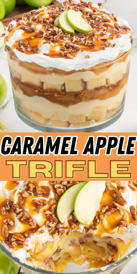 Caramel Apple Trifle Apple Crisp Trifle, Pudding Trifle Recipes, Fall Triffle Recipes, Fall Desserts For A Party, Casserole Dessert Recipes, Pound Cake With Apple Pie Filling, Apple Crisp Trifle Desserts, Apple Cake Trifle, Pudding Truffle Desserts