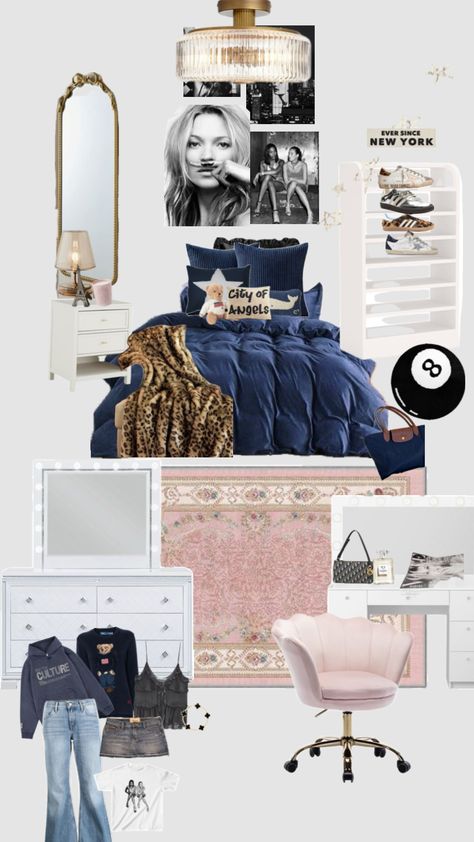 Classy Aesthetic Room, Old Money Room Inspo Bedroom, Vogue Bedroom Aesthetic, Vogue Aesthetic Bedroom, Navy And Pink Bedroom, Vogue Bedroom, Wallpaper Room Ideas, Room Inspo Bedroom, Glamour Room