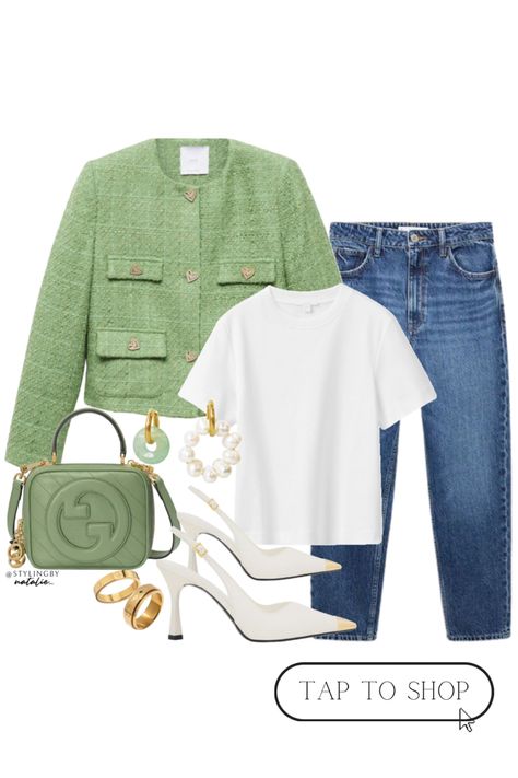 Green pocket tweed jacket, dark denim high mom jeans, clean cut white t-shirt, white slingback heels with gold toe caps, gold rings, green Gucci blondie bag & green stone & pearl earrings. Classic look, timeless outfit, old money style, casual outfits, fall outfit, autumn outfit, transitional style, old money Tweed Jacket Outfit Work, Green Tweed Jacket Outfit, White Tweed Jacket Outfit, Old Money Style Casual, Gucci Blondie Bag, White Slingback Heels, Green Bag Outfit, Old Money Casual, Parisian Chic Outfits