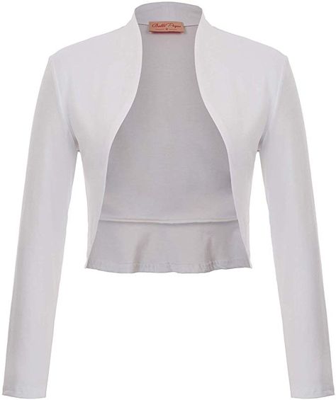 Belle Poque Women's Vintage Cropped Shrug Open Front Long Sleeve Ruffled Bolero Cardigan at Amazon Women’s Clothing store White Shrug, Long Sleeve Shrug, Cropped Shrug, Vestidos Retro, Wedding Party Bridesmaid, Bolero Cardigan, Elegant Jacket, Bolero Shrug, Elegant Coats