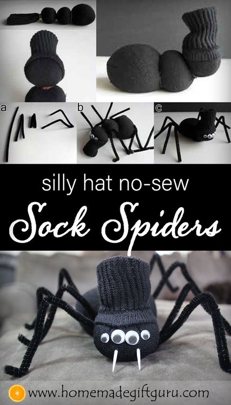 DIY Halloween sock spiders make quirky cute homemade gifts, silly Halloween party decorations and fun craft projects! #nosew #halloweencrafts #sockcrafts #sockanimals #quirky #easy #silly Halloween Sock Puppets, Sock Ghosts Craft, Halloween Toys Diy, Halloween Sock Crafts, Sock Ghost, Halloween Diy Gifts, Glove Animals, Spider Puppet, Cute Homemade Gifts