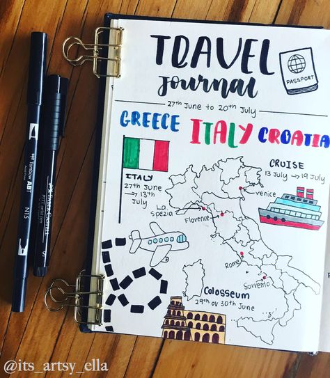 Saved a section of my Bullet Journal to design a Travel Journal for my holiday to Europe! Includes a cover page (this) and 3 and a half weekly spreads and a page for highlights! #traveljournal #bujo #bulletjournal #bujocover #travel #explore #italy #greece #croatia Italy Scrapbooking, City Guide Design, Travel Journal Ideas, Travel Journal Cover, Italy Travel Photography, Happy Birthday Cards Handmade, Florence Travel, Romantic Travel Quotes, Journal Travel