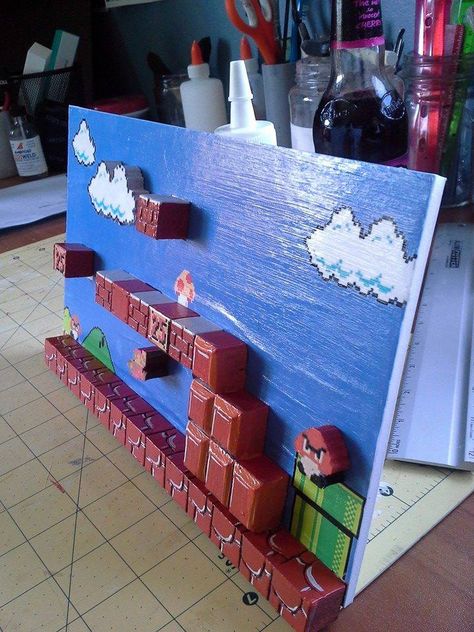 Super Mario Bros diorama by Dark Dio Studio Super Mario Cardboard Diy, Diy Super Mario Dollhouse, Mario Diorama, Mario Doll House, Super Mario Diorama, Super Mario Doll House, Super Mario Room, Mario Room, Nerd Decor