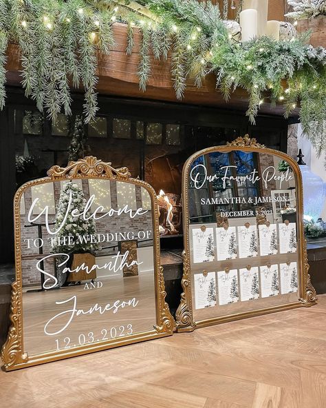 My favorite mirror duo ✨🤍 #wedding #weddingdecor #weddingdetails #weddinginspiration #weddingsign #weddingsignage #welcomesign… | Instagram Writing On Mirror Wedding Diy, Wedding Seating Chart Display, Greenery Wedding Theme, Mirror Wedding Signs, 2026 Wedding, Mirror Seating Chart, Mirror Wedding, Wedding Mirror, New Years Wedding